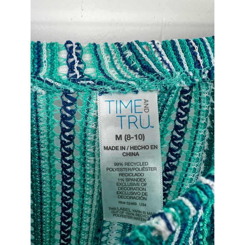 Time & Tru Teal Blue Striped Crochet Open Knit Swim Cover-Up Pants Medium 8-10 - Picture 3 of 5